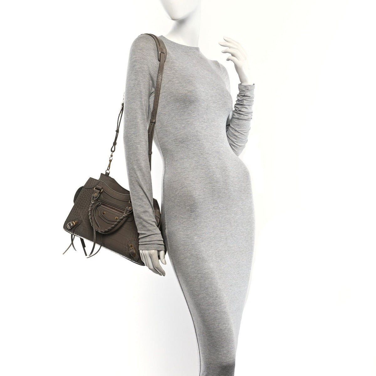 Shiny Supple Calfskin Crocodile Embossed Neo Classic Gold Hardware S City Mink Grey