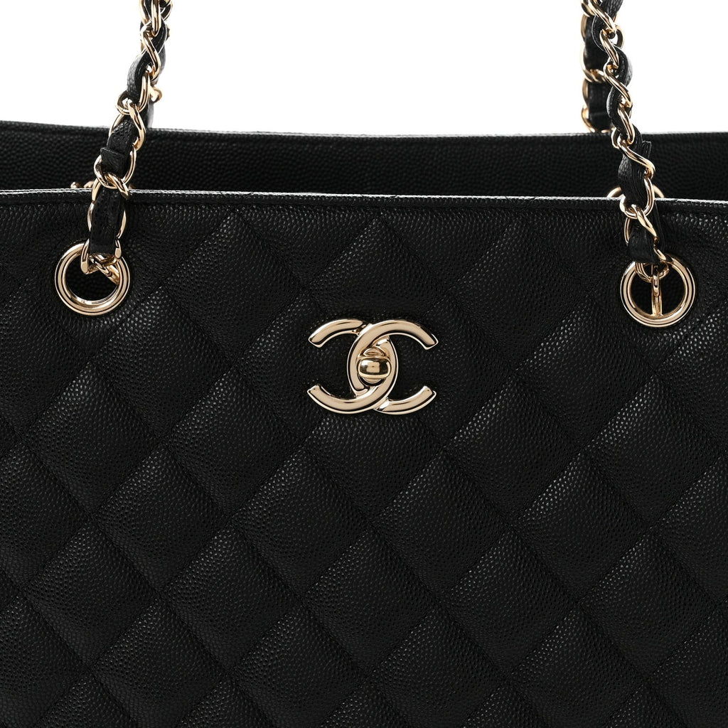 Caviar Quilted Small Shopping Tote Black