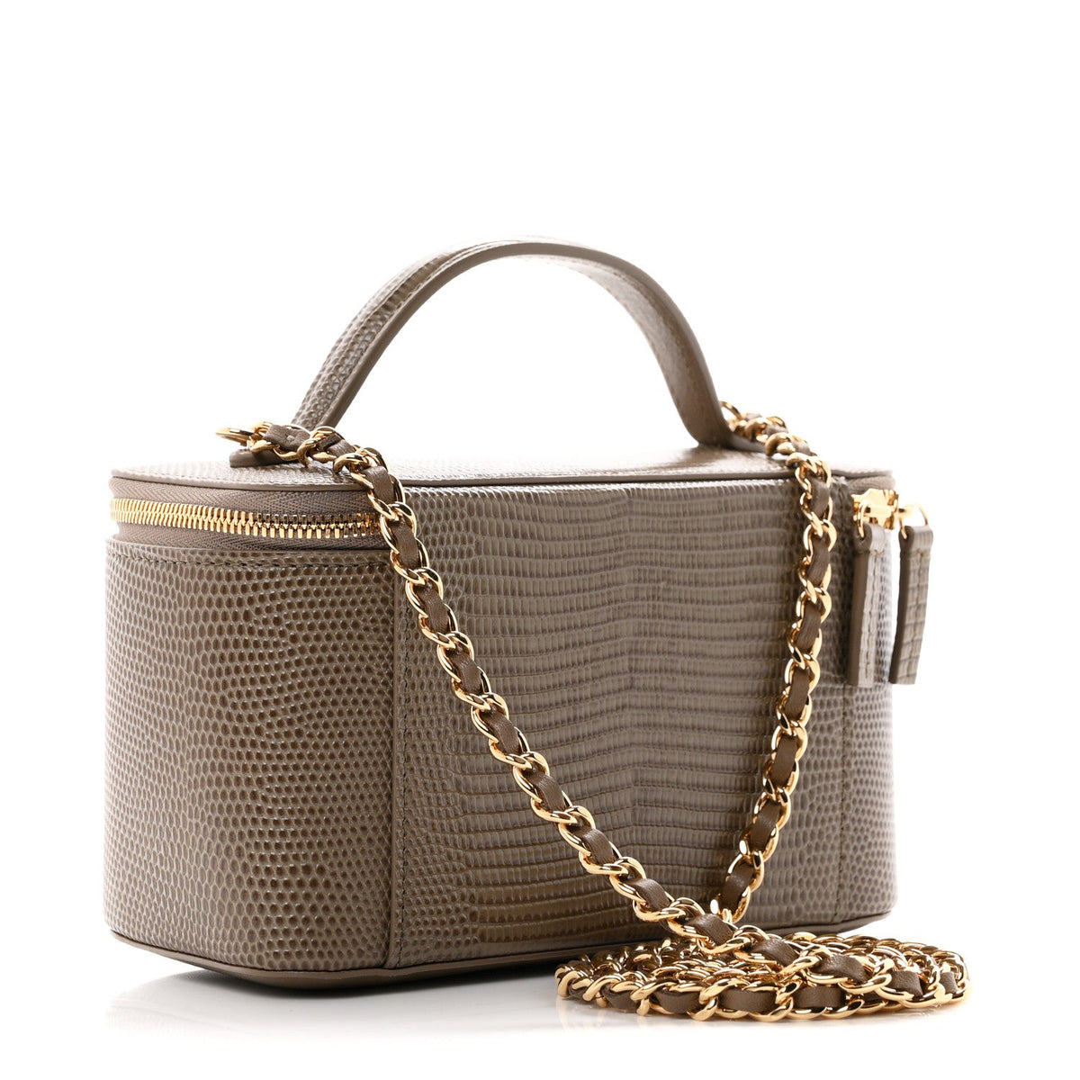 Calfskin Lizard Embossed Top Handle Vanity With Chain Dark Khaki