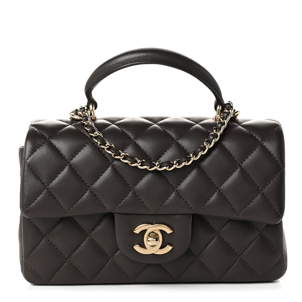 Lambskin Quilted Mini Top Handle Rectangular Flap Dark Brown