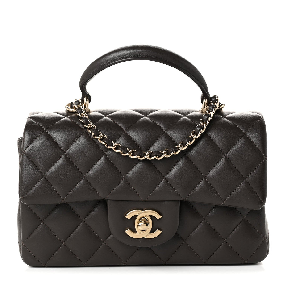 Lambskin Quilted Mini Top Handle Rectangular Flap Dark Brown