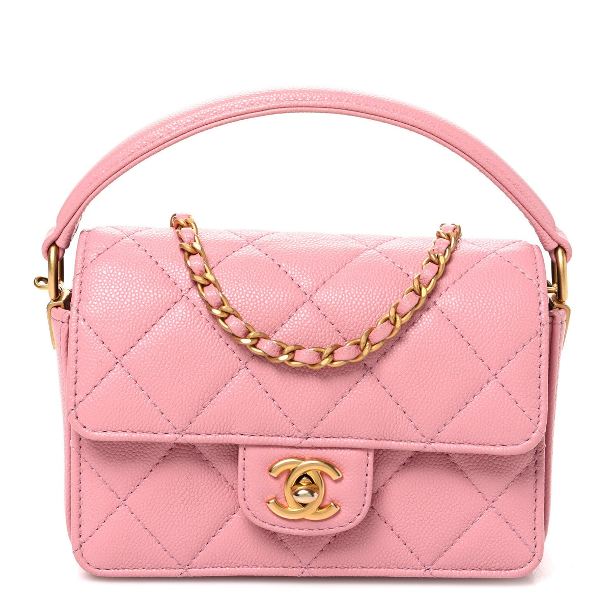 Shiny Caviar Quilted Mini Top Handle Flap Pink Pink