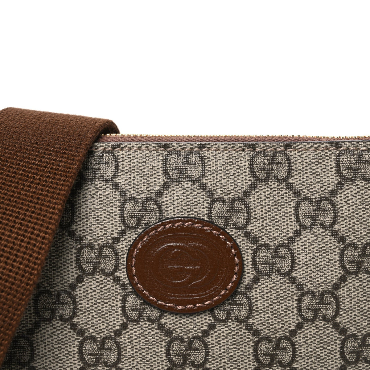 GG Supreme Monogram Azalea Calfskin Small Retro Interlocking G Wristlet Messenger Bag Beige Ebony Brown Sugar