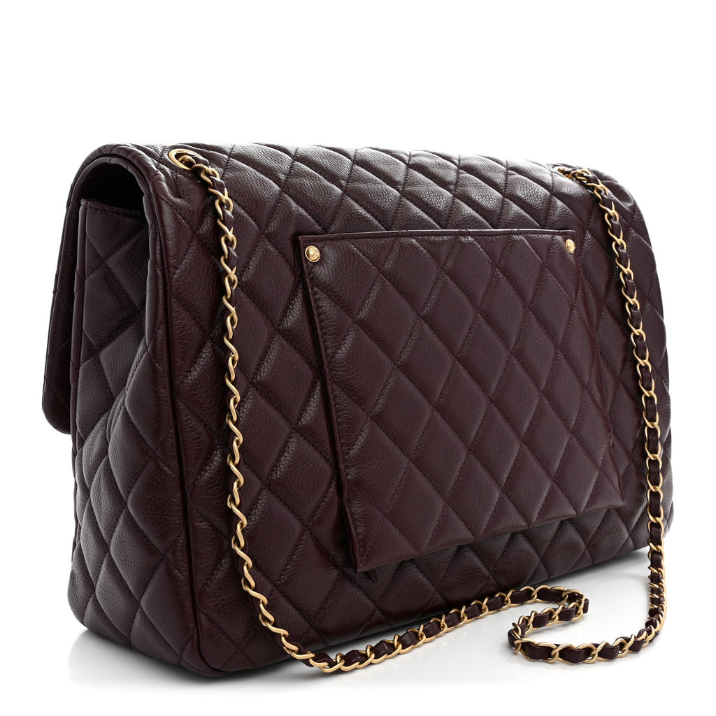 Grained Calfskin Quilted XXL Travel Flap Bag Burgundy