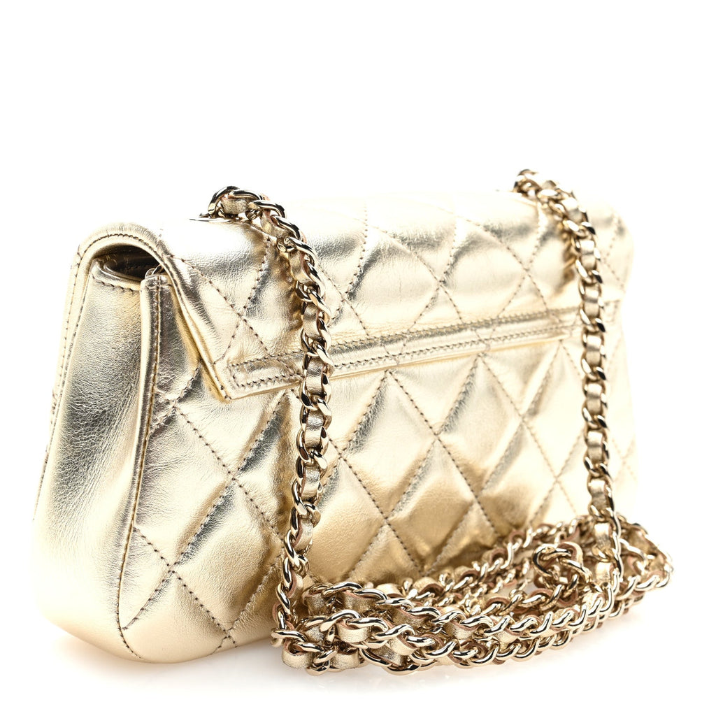 Metallic Lambskin Quilted Flap Phone Holder With Chain Gold