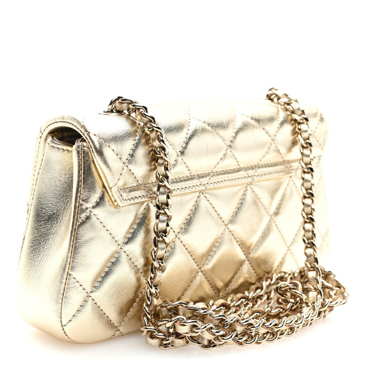 Metallic Lambskin Quilted Flap Phone Holder With Chain Gold