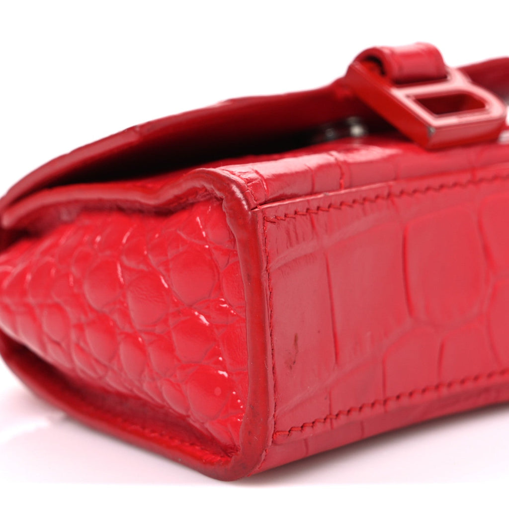 Shiny Calfskin Tonal B Crocodile Embossed Hourglass Top Handle Bag Mini Bright Red