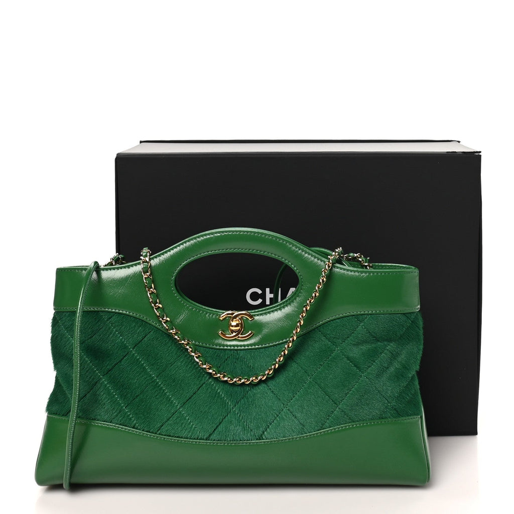 Shiny Lambskin Pony Hair East West 31 Shopping Bag  Green