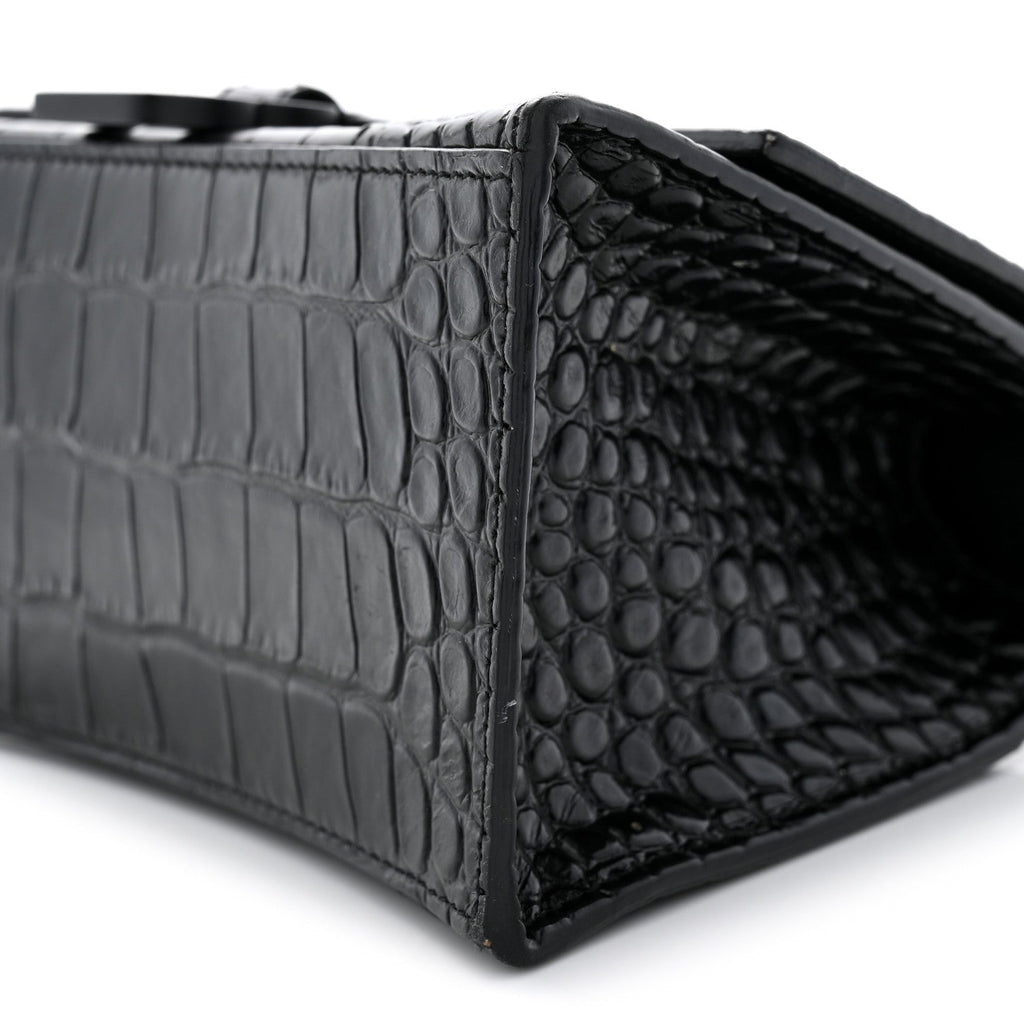 Shiny Calfskin Monochrome Crocodile Embossed Small Hourglass Top Handle Bag Black