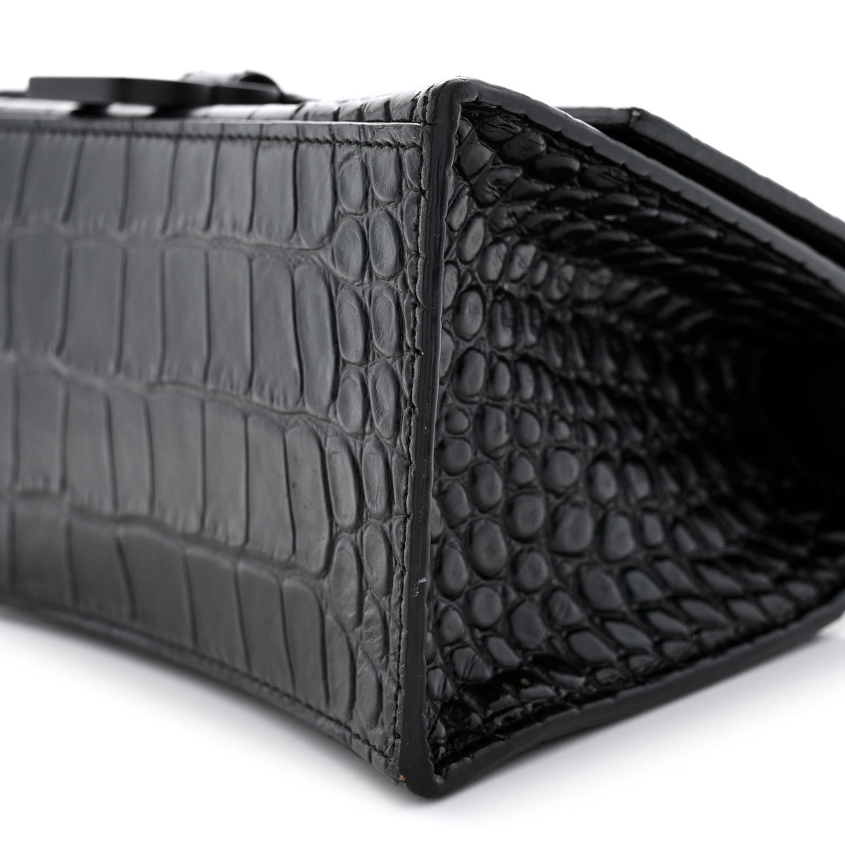 Shiny Calfskin Monochrome Crocodile Embossed Small Hourglass Top Handle Bag Black