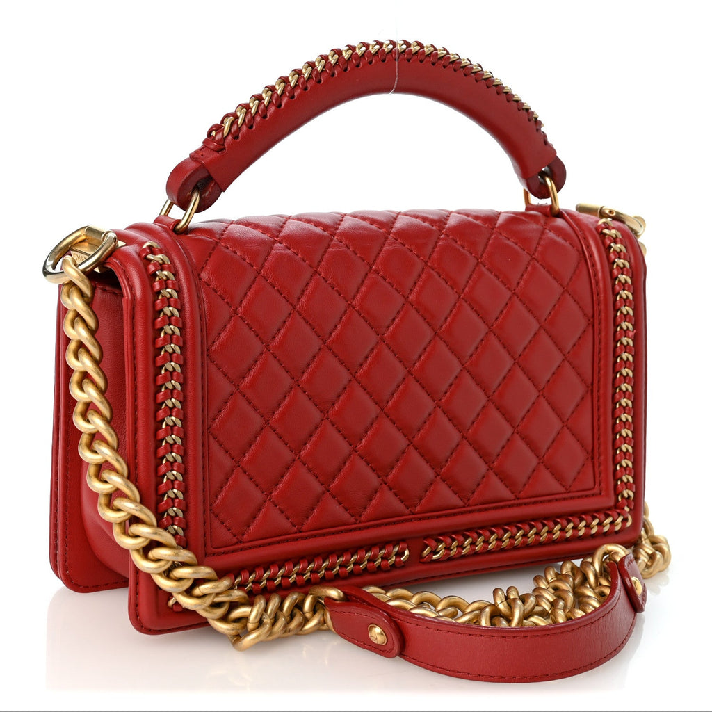 Lambskin Quilted Medium Top Handle Boy Flap Red