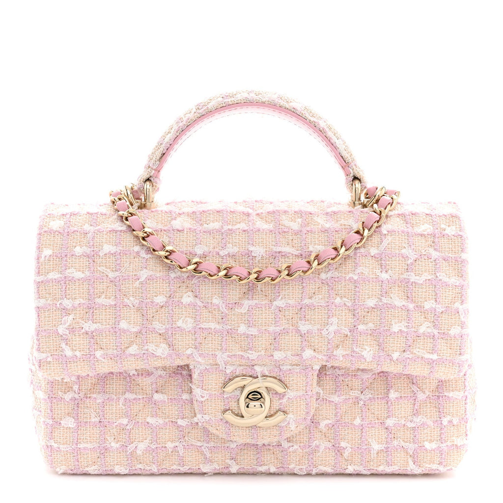 Tweed Quilted Mini Top Handle Rectangular Flap Light Pink
