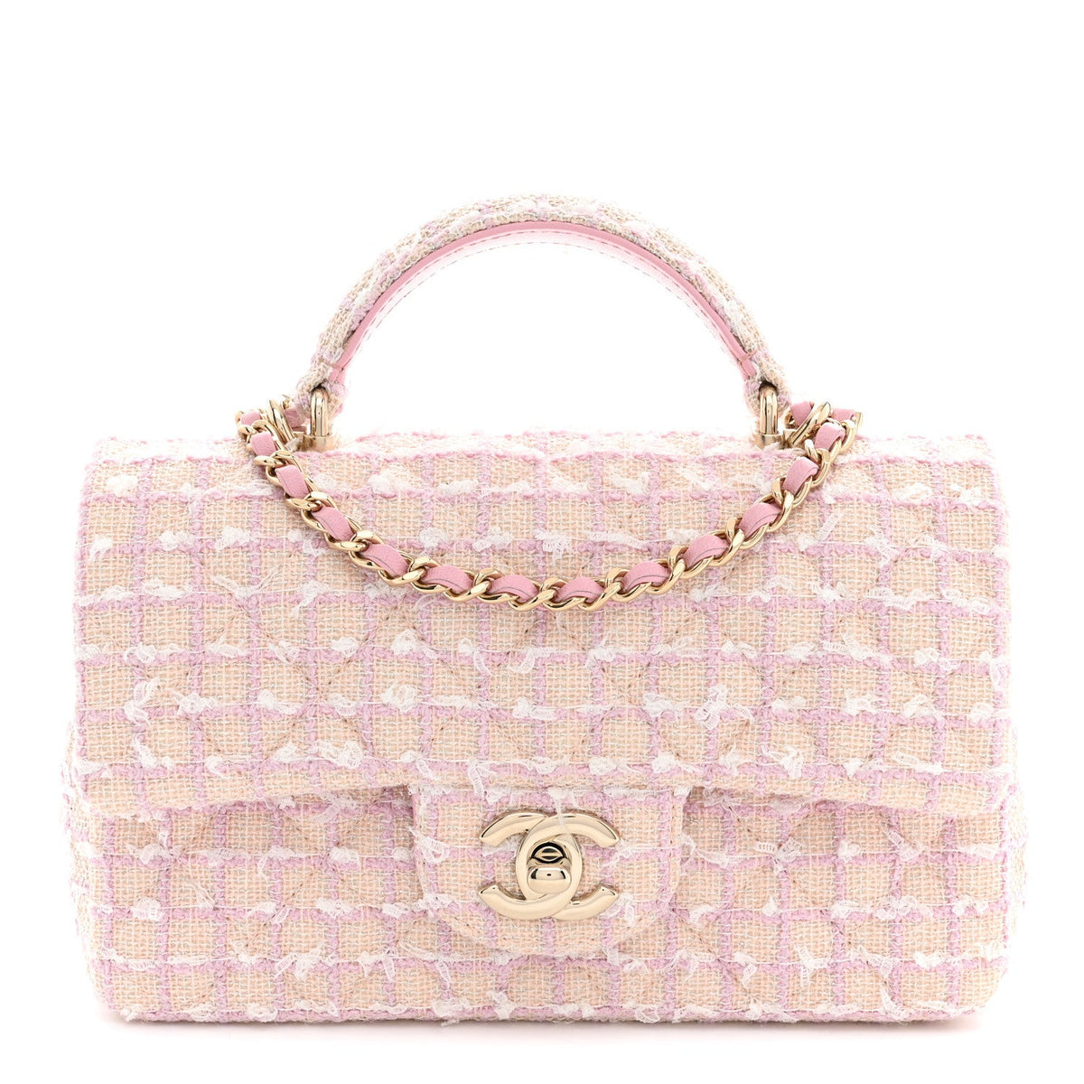 Tweed Quilted Mini Top Handle Rectangular Flap Light Pink