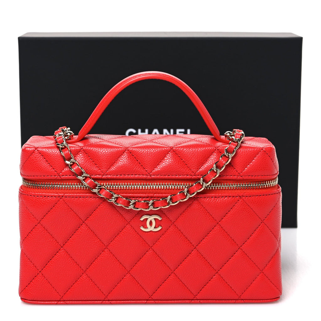 Caviar Quilted Top Handle Slim Vanity With Chain Red