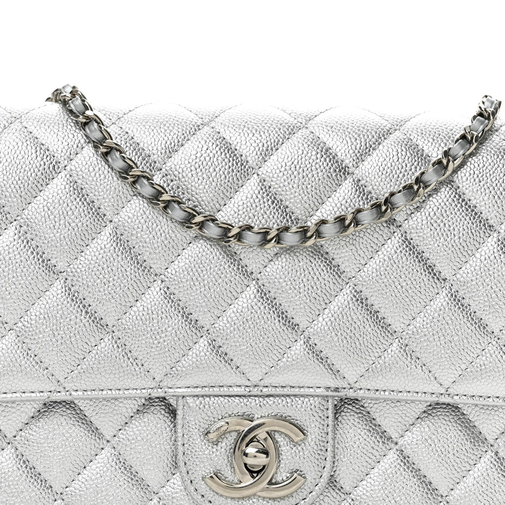 Metallic Caviar Quilted Medium CC Slide Flap Silver