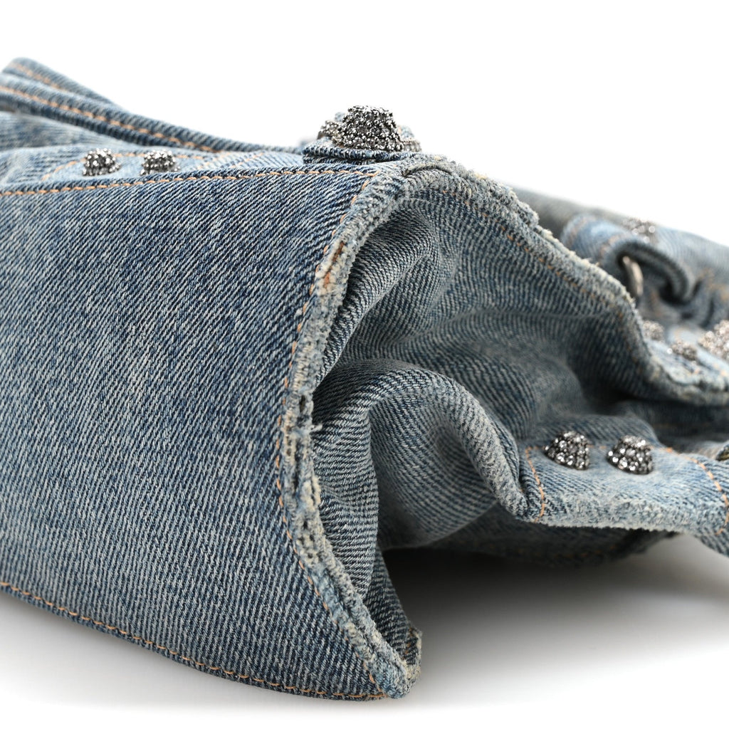 Washed Frayed Denim Crystal Neo Cagole Handbag XS Blue