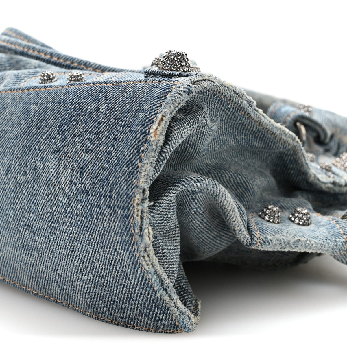 Washed Frayed Denim Crystal Neo Cagole Handbag XS Blue