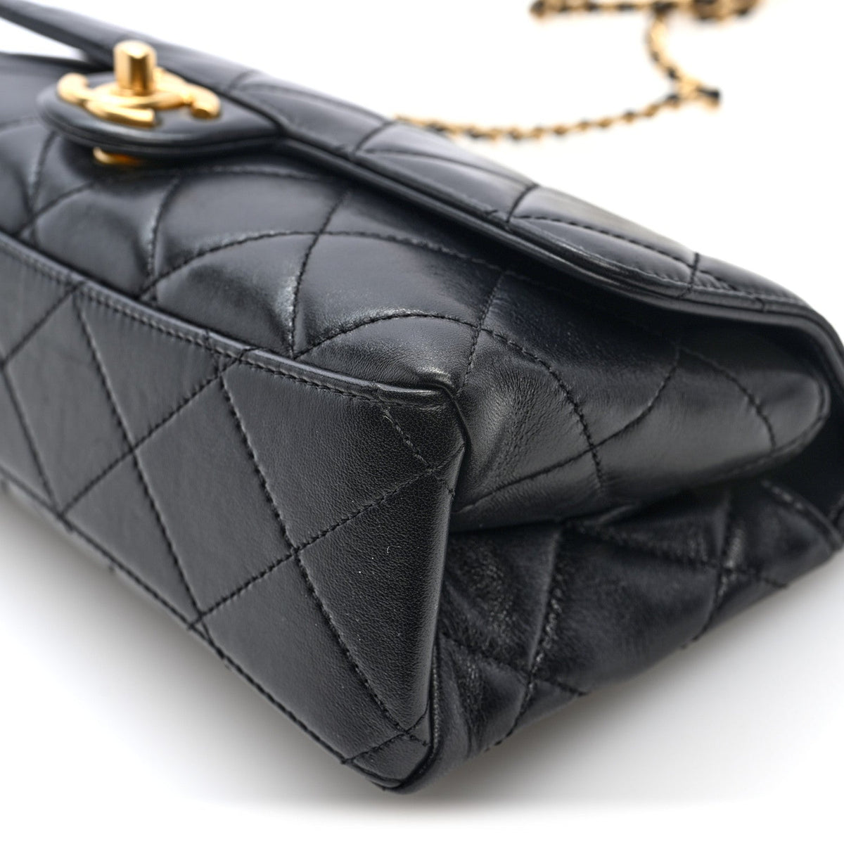Shiny Lambskin Pearl Top Handle Flap Shopping Bag Black