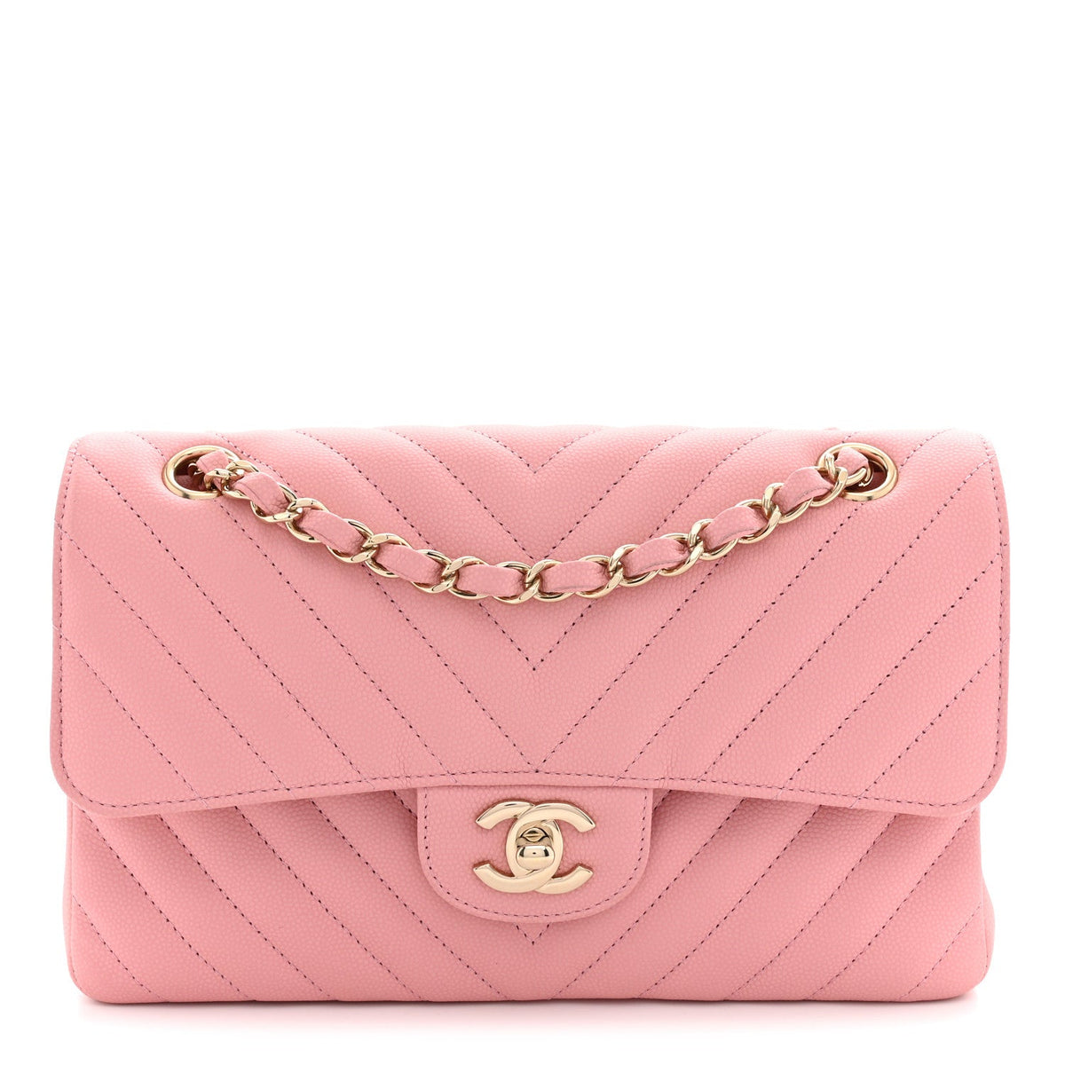 Caviar Chevron Quilted Small Double Flap Pink
