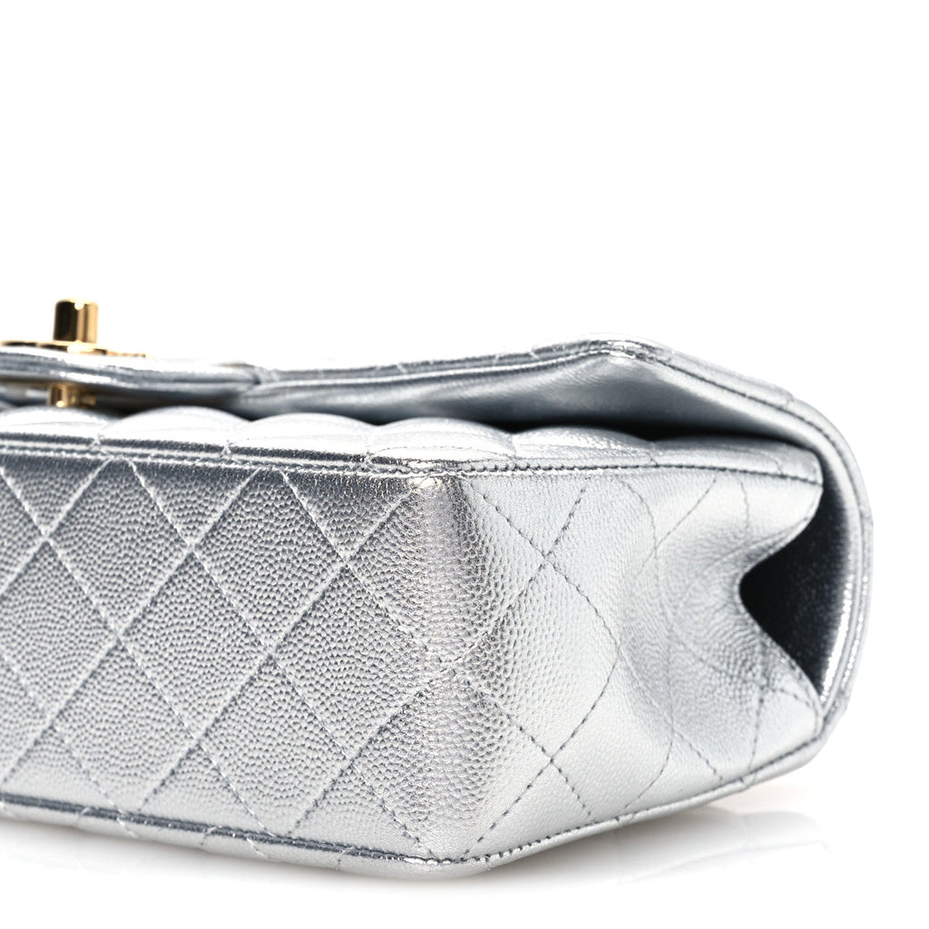 Metallic Caviar Quilted Top Handle East West Flap Silver