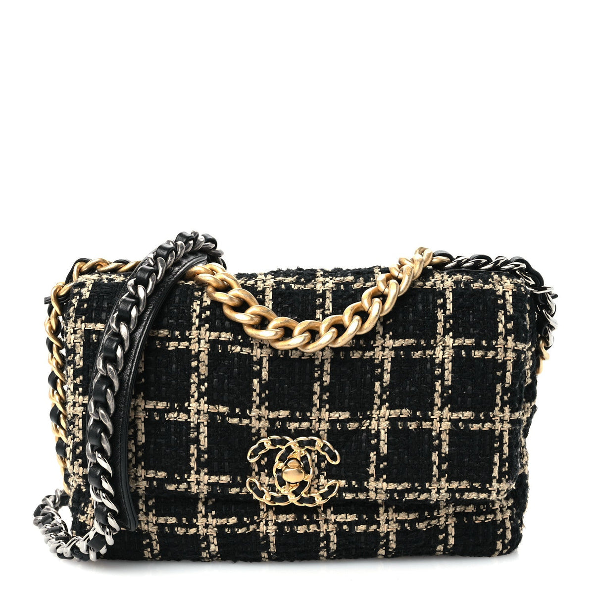 Tweed Quilted Medium Chanel 19 Flap Black Beige