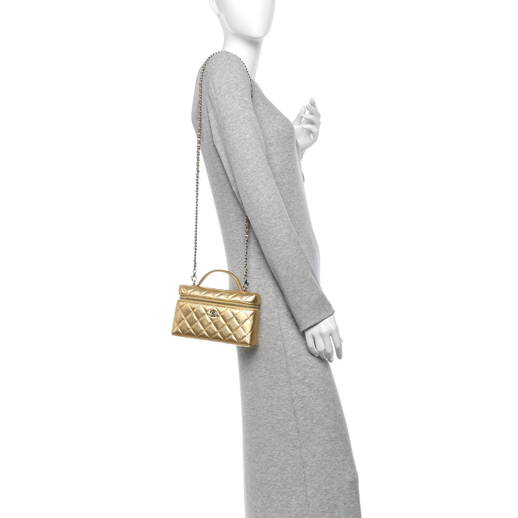 Metallic Caviar Quilted Top Handle Slim Vanity With Chain Gold