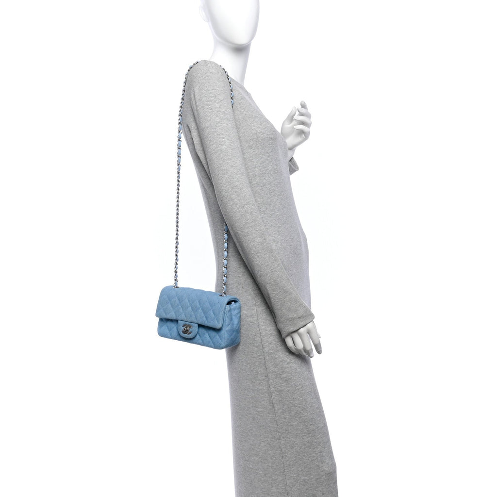 Denim Quilted Mini Rectangular Flap Blue