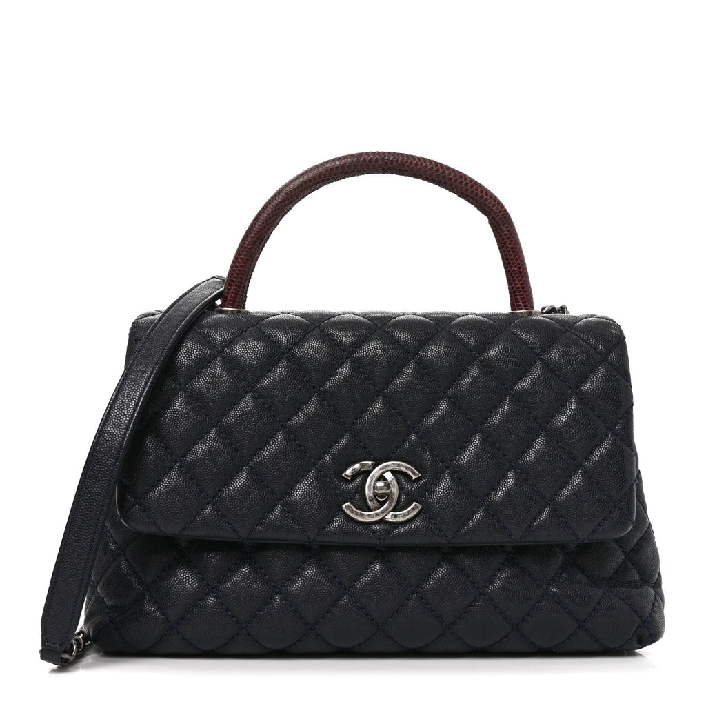 Caviar Lizard Embossed Quilted Small Coco Handle Flap Navy Blue