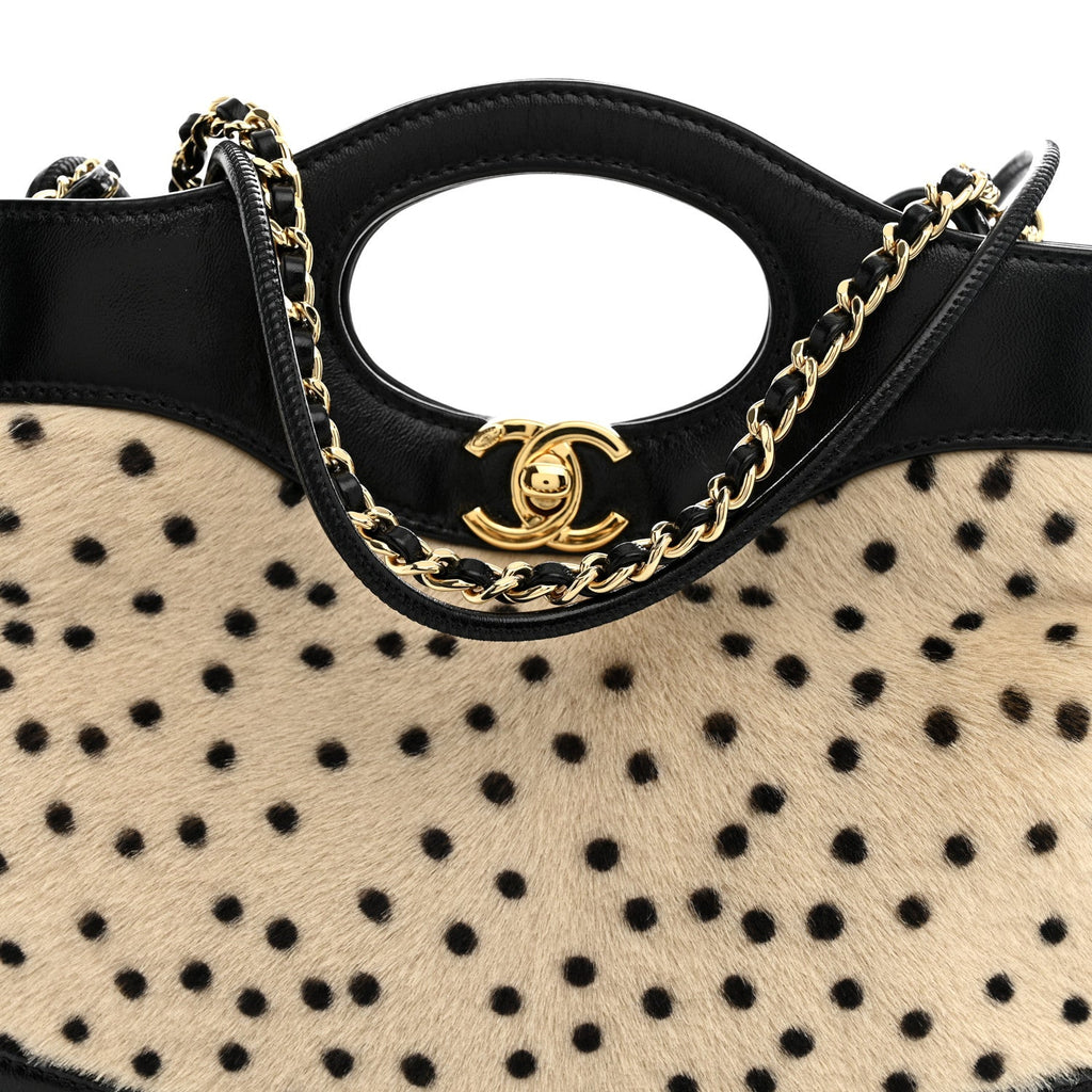 Shiny Lambskin Pony Hair Cheetah Printed Mini 31 Shopping Bag Light Beige Black