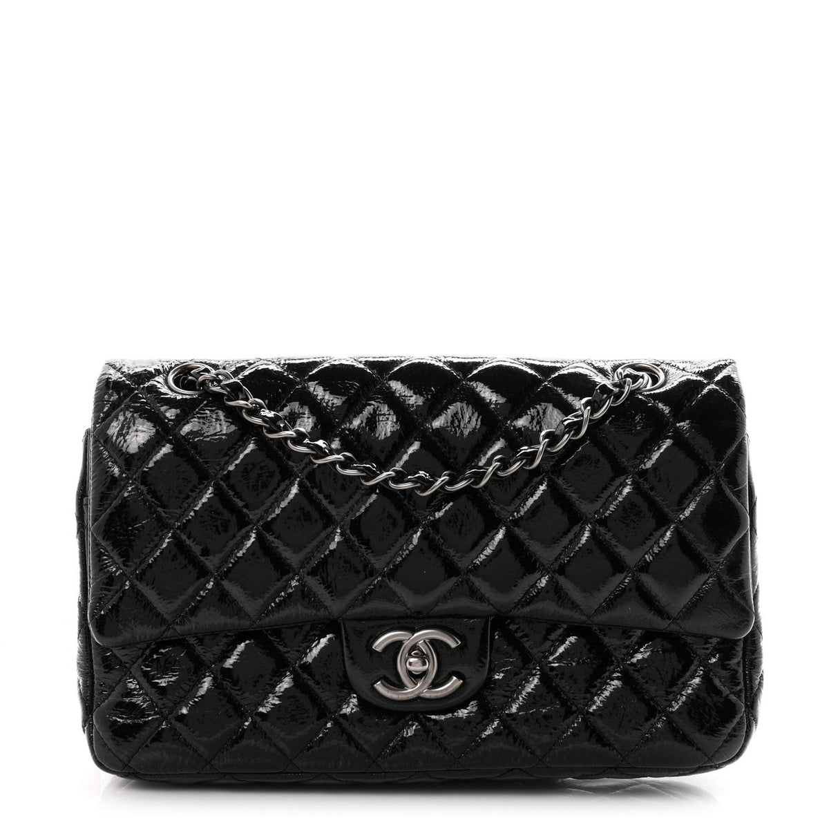 Crumpled Patent Quilted Medium Double Flap Black