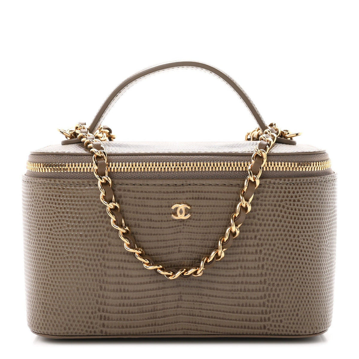 Calfskin Lizard Embossed Top Handle Vanity With Chain Dark Khaki