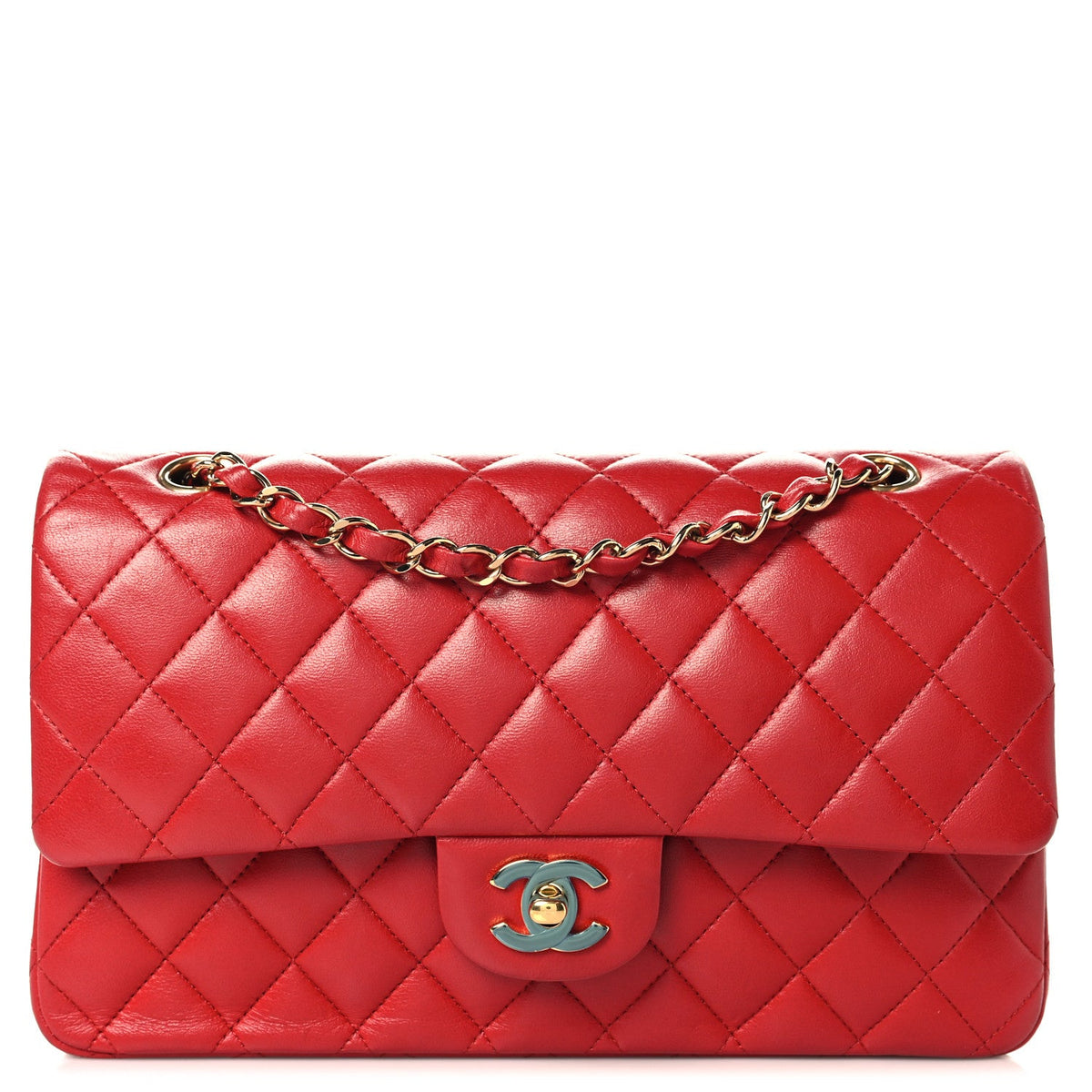 Lambskin Quilted Medium Double Flap Red