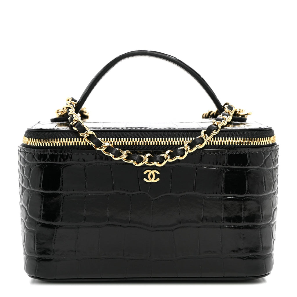 Calfskin Crocodile Embossed Crococo Small Top Handle Vanity Case With Chain Black