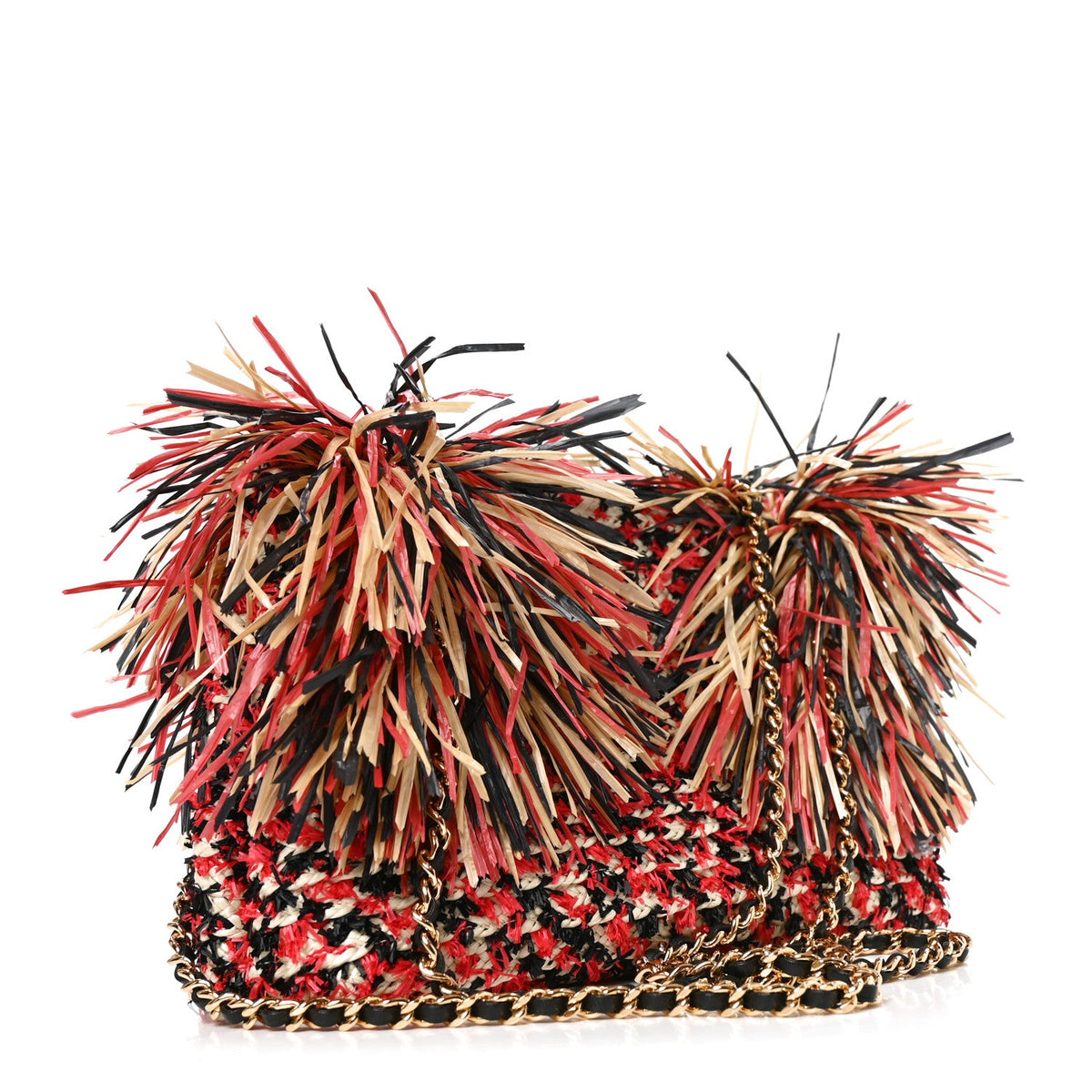Raffia Fringe Mini Shopping Bag Red Light Beige Black