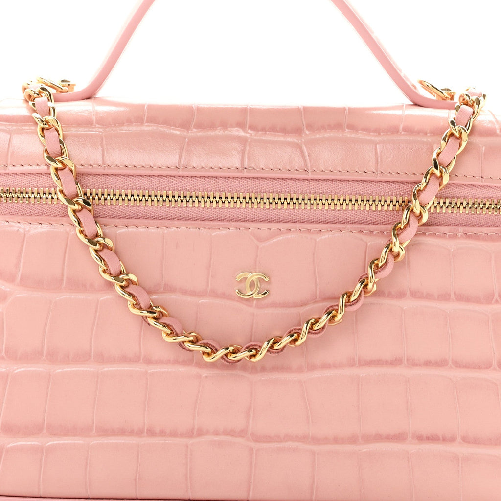 Calfskin Crocodile Embossed Crococo Top Handle Slim Vanity Case With Chain Light Pink