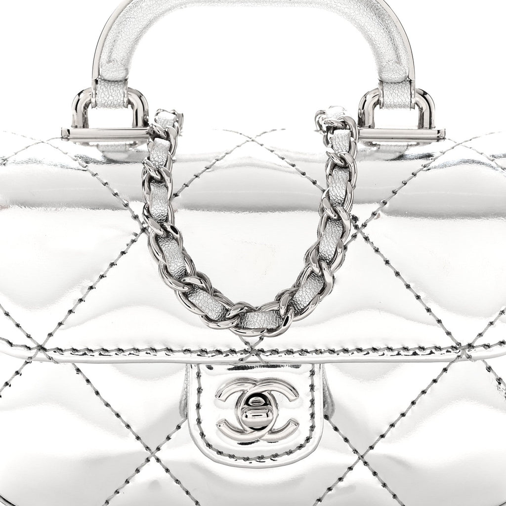 Mirror Calfskin Small Top Handle Clutch With Chain Silver
