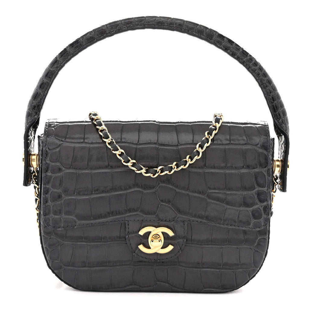 Calfskin Crocodile Embossed Turn Around Mini Flap Dark Grey Dark Grey