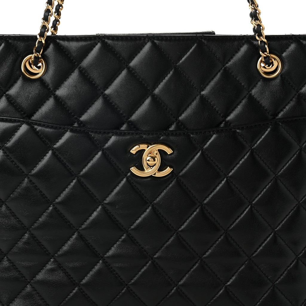 Shiny Lambskin Quilted Medium Shopping Tote Black