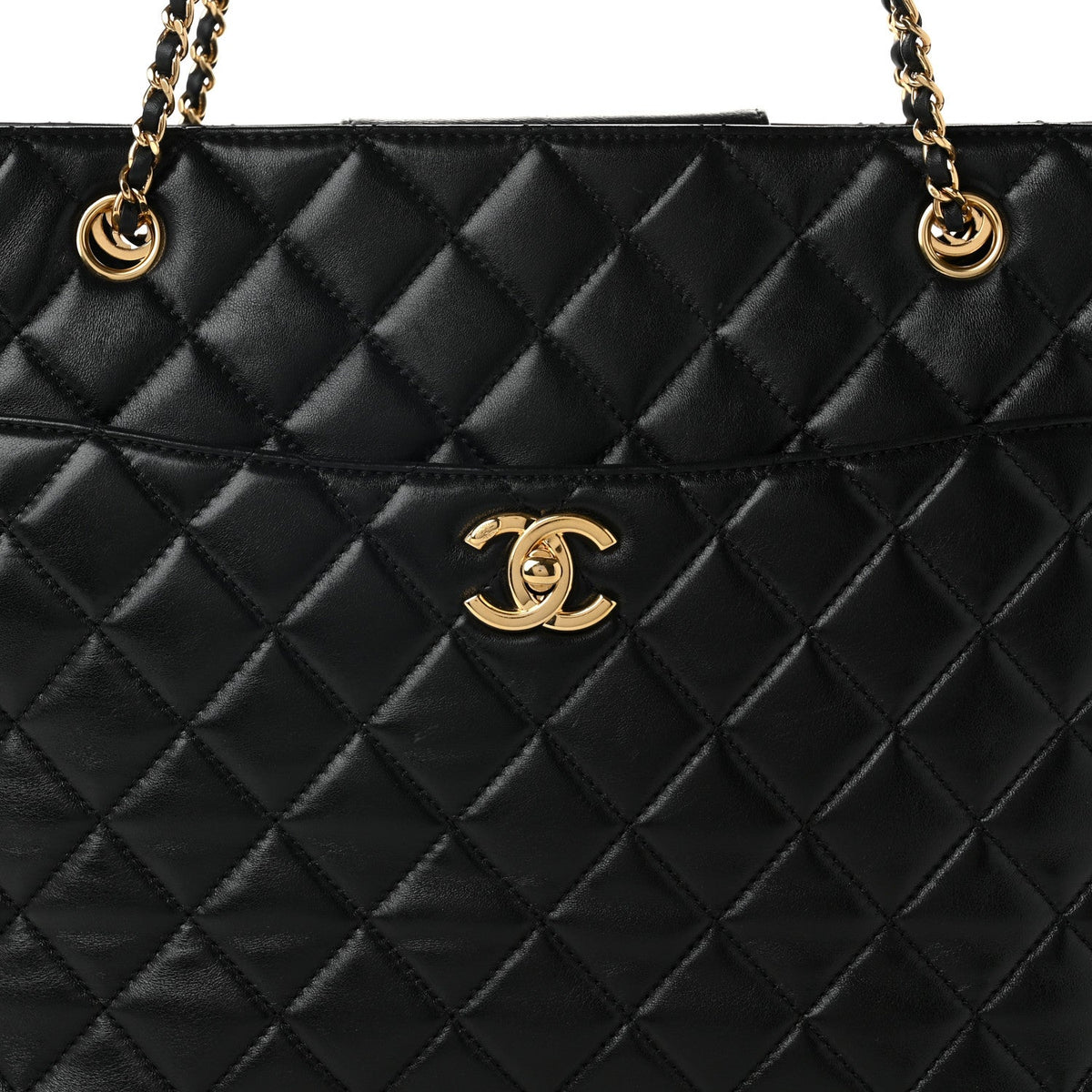 Shiny Lambskin Quilted Medium Shopping Tote Black