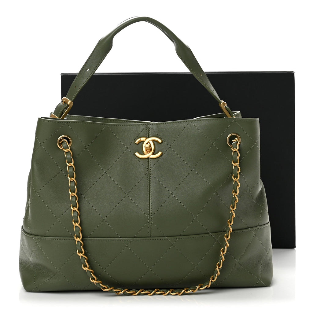 Calfskin Quilted Small Coco Base Shopping Bag Khaki