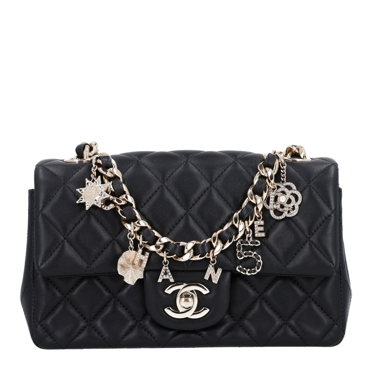 Lambskin Quilted Mini Coco Charms Rectangular Flap Black