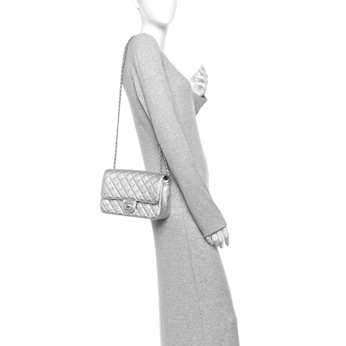 Metallic Caviar Quilted Medium CC Slide Flap Silver