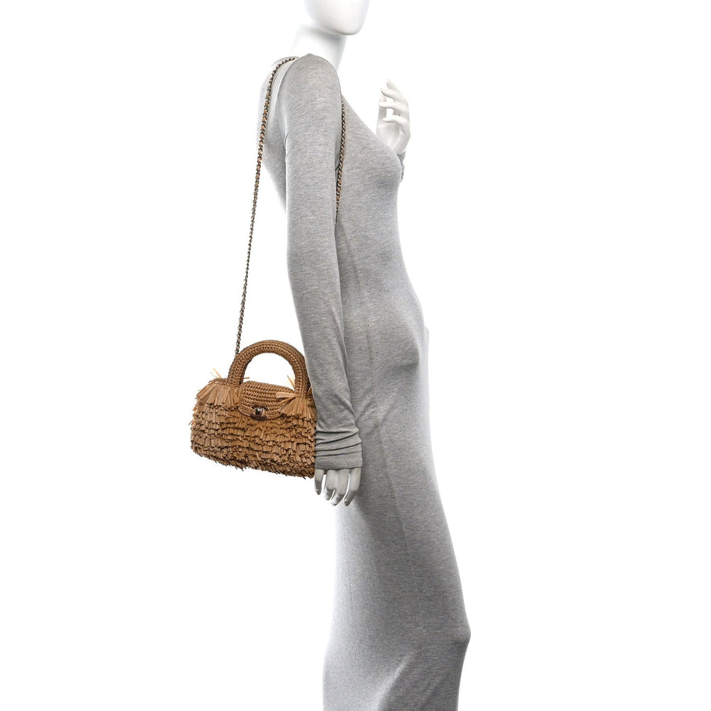 Raffia Fringe Nano Kelly Shopper Dark Beige