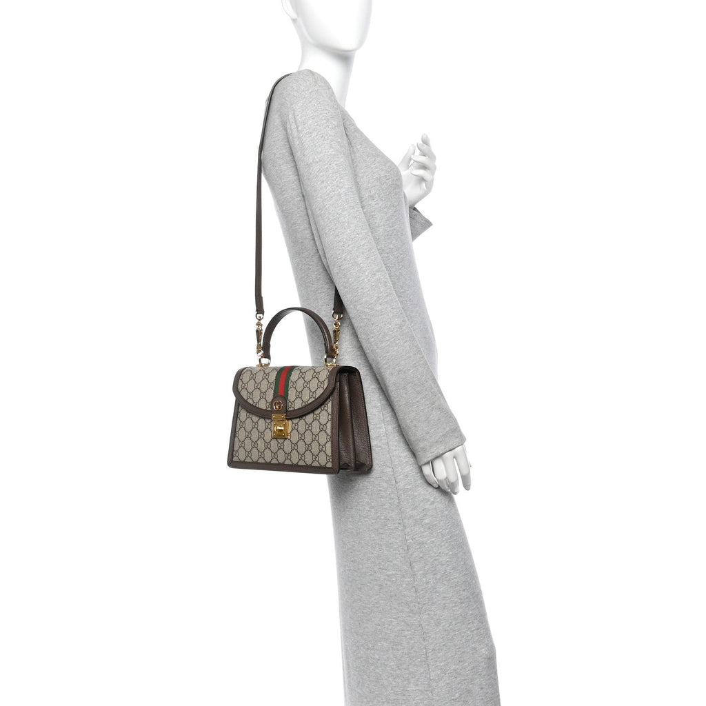 GG Supreme Monogram Textured Dollar Calfskin Web Small Ophidia Padlock Top Handle Bag Beige Ebony New Acero