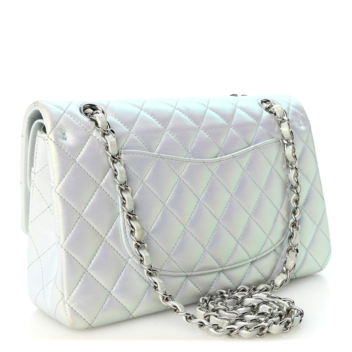Iridescent Lambskin Quilted Medium Double Flap Light Blue