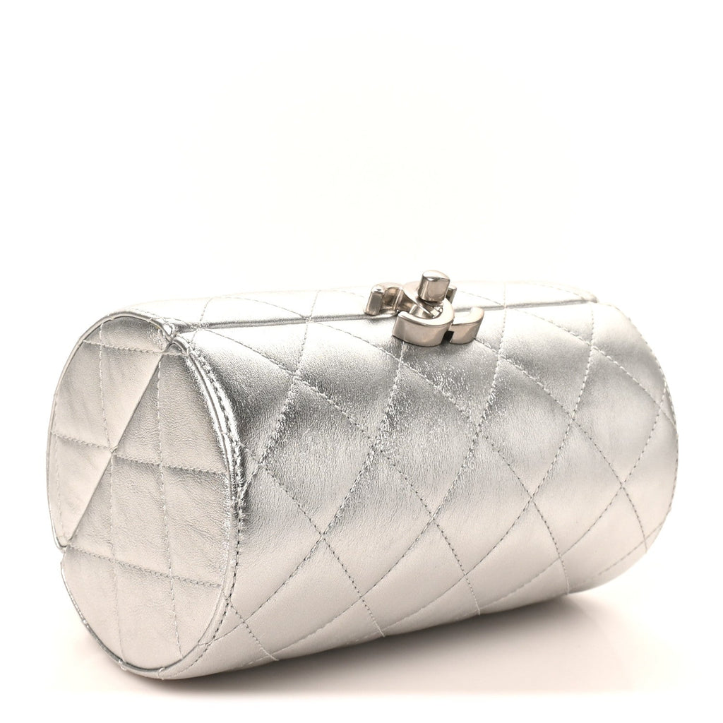 Metallic Lambskin Quilted Barrel Crossbody Bag Silver