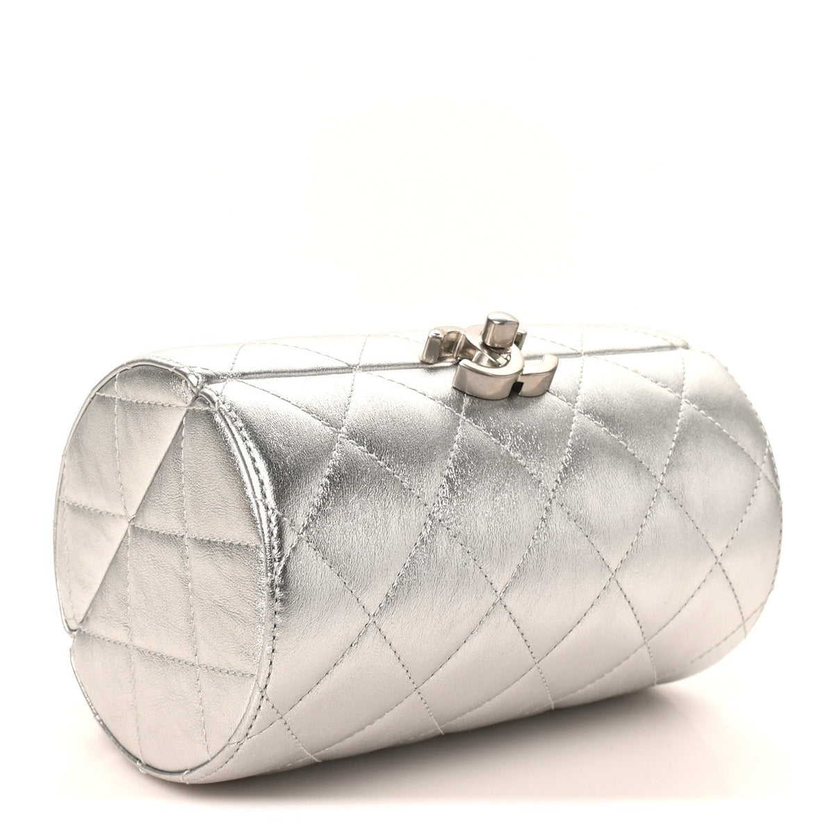 Metallic Lambskin Quilted Barrel Crossbody Bag Silver