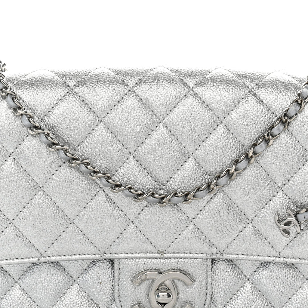 Metallic Caviar Quilted Medium CC Slide Flap Silver