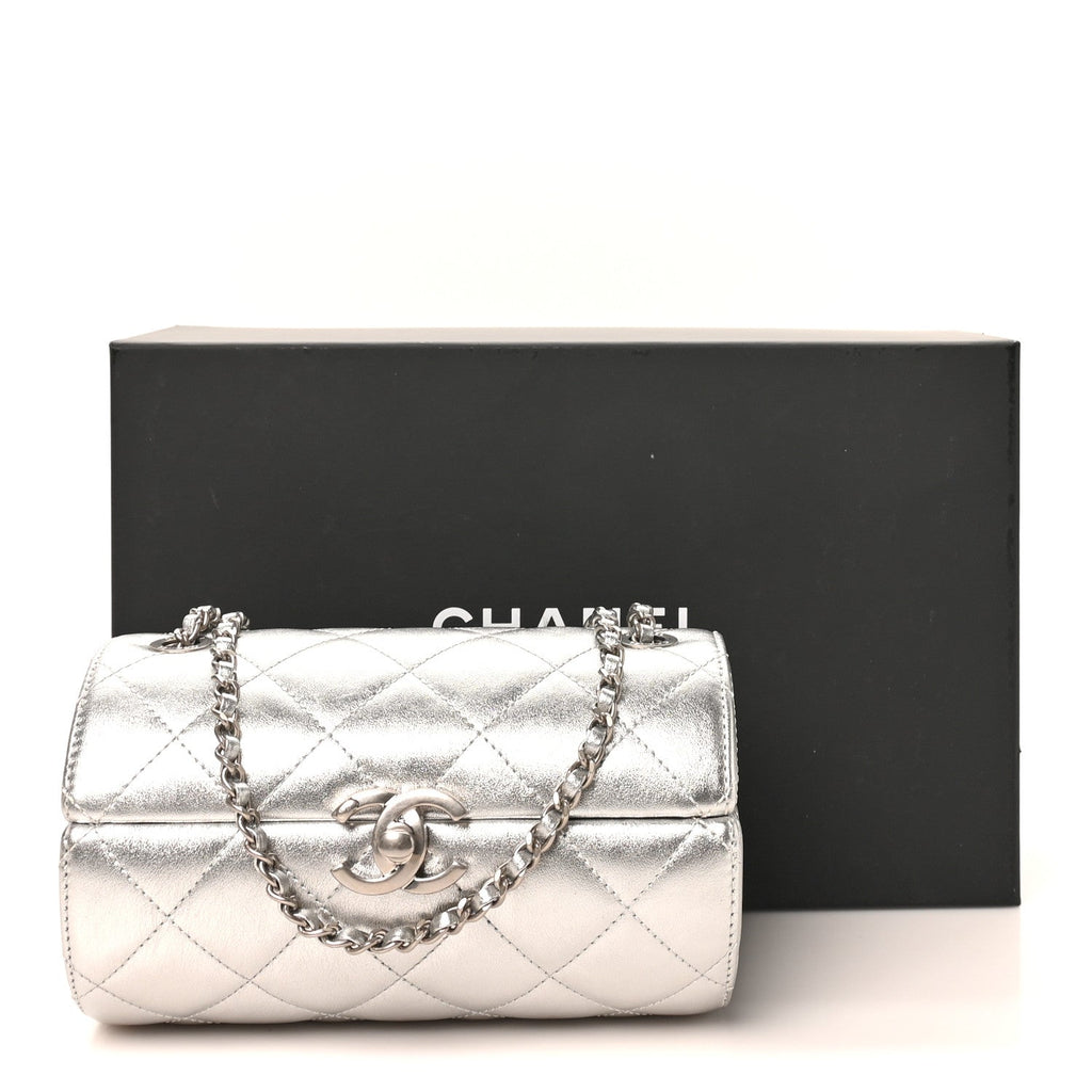 Metallic Lambskin Quilted Barrel Crossbody Bag Silver
