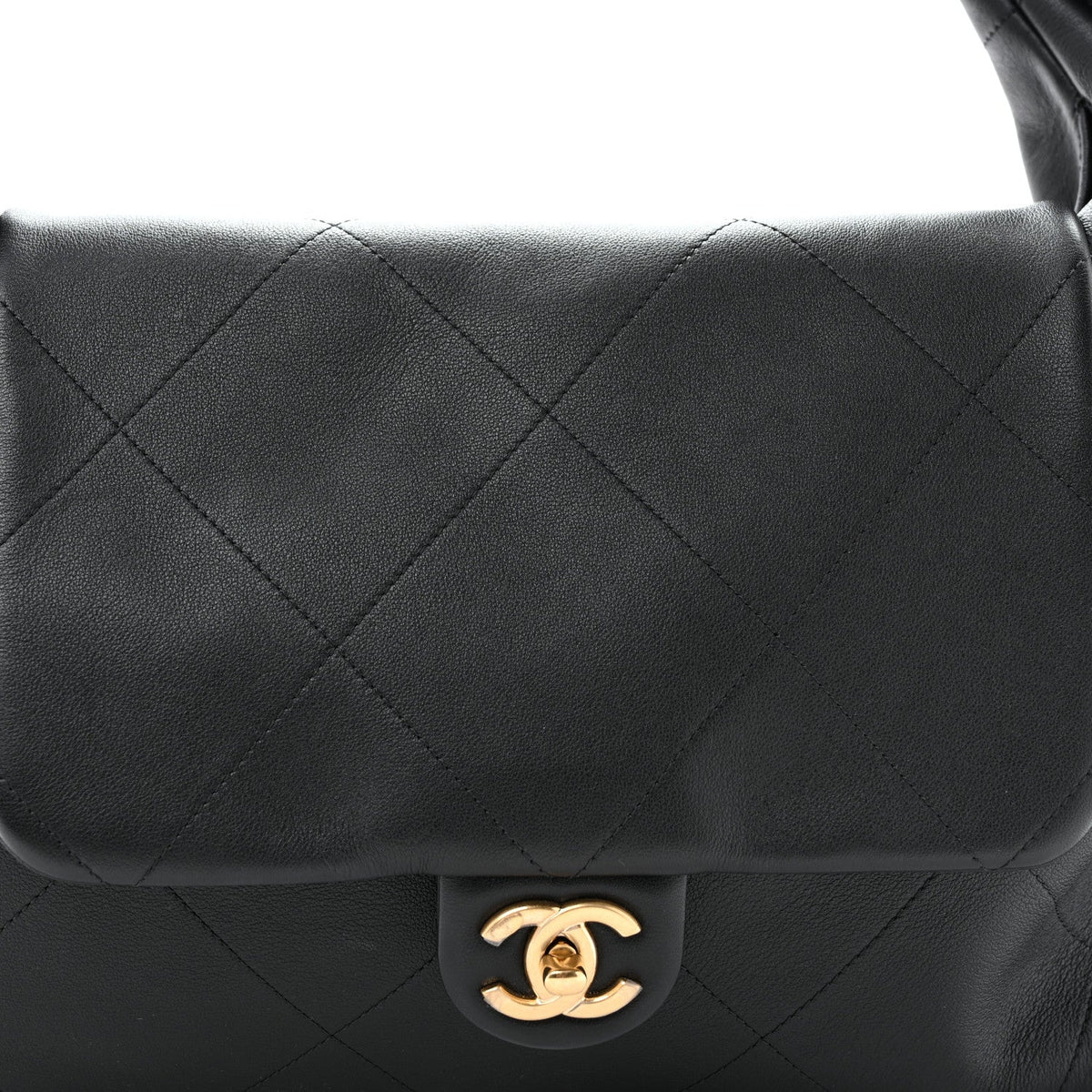 Shiny Calfskin Quilted Maxi Chain Hobo Black